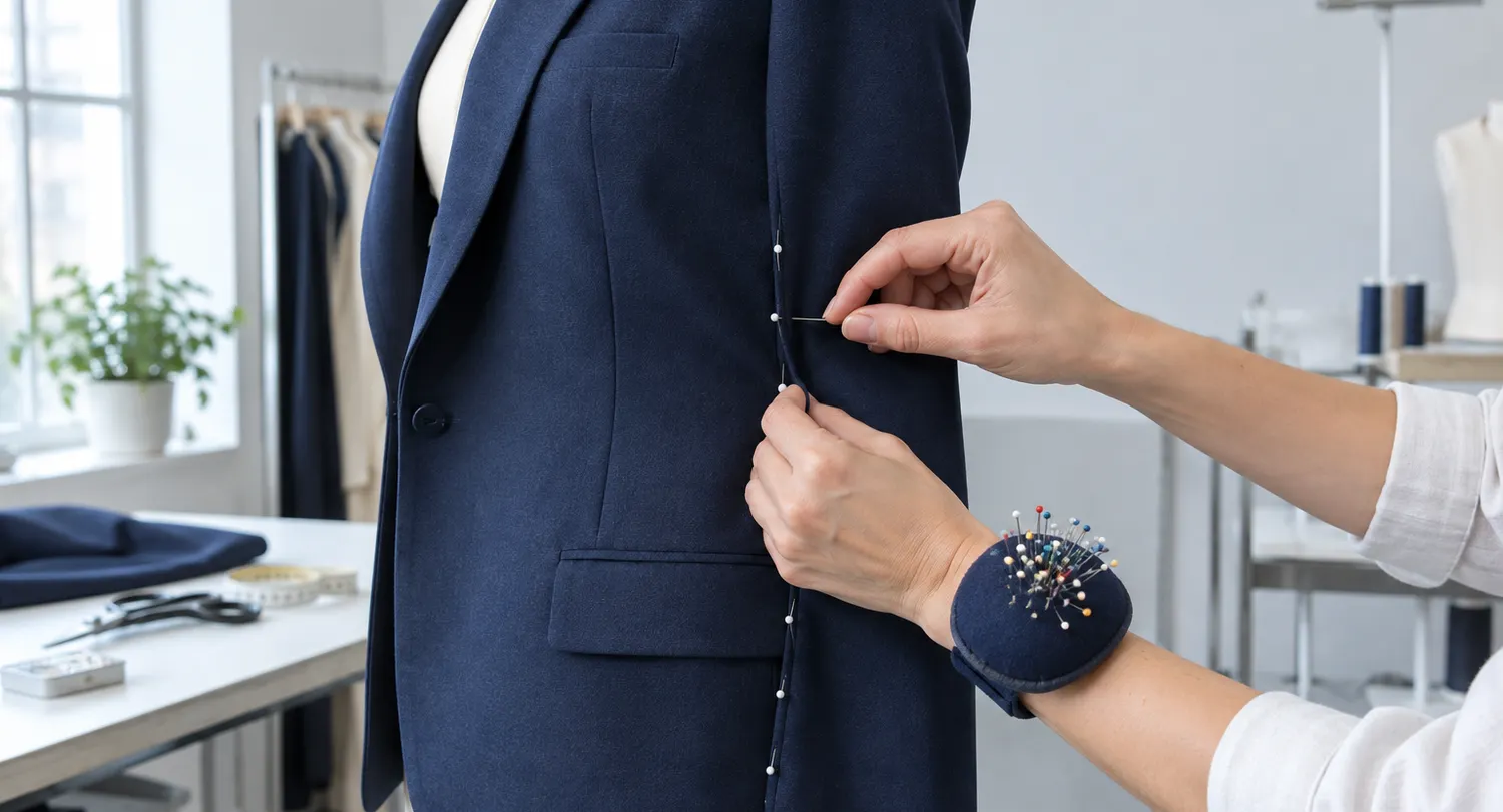Manos marcando con alfileres el costado de una americana azul en el taller