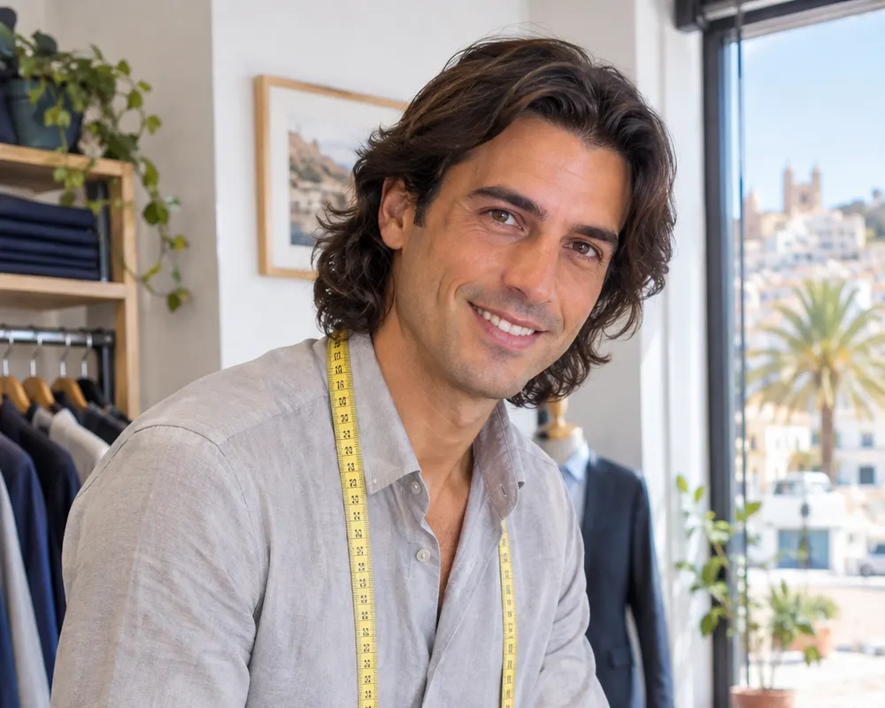 Juan Antonio Romero sonriendo en su tienda con la cinta métrica al cuello, marcando con tiza un pantalón