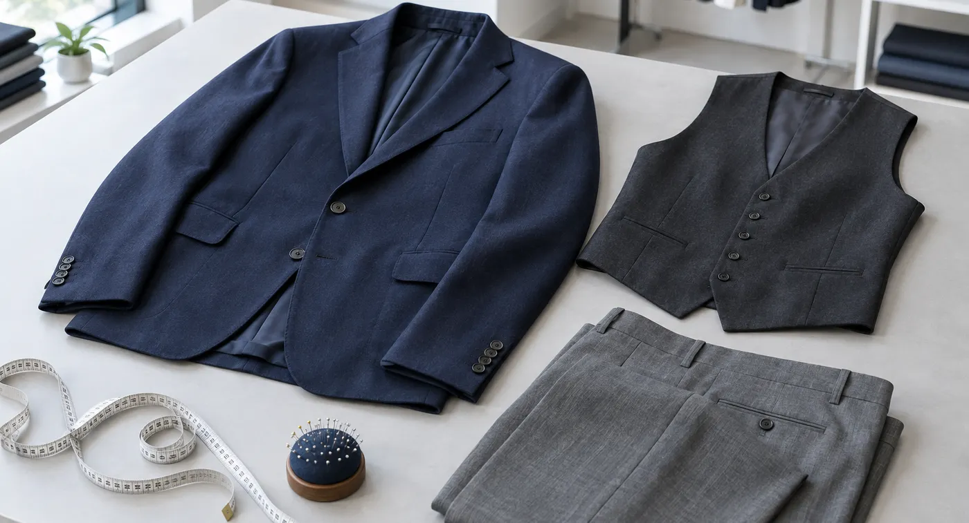 Americana, chaleco y pantalón sobre la mesa del taller junto a una cinta métrica